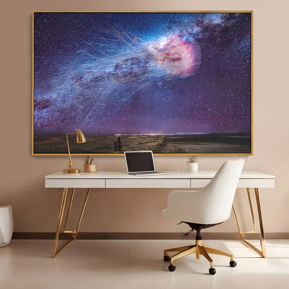 Tablou canvas cu ilustratie digitala cu meduza cosmica si stele, in rama de aluminiu auriu, pe perete intr-un birou